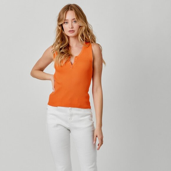 MYSTREE Orange Ribbed Henley Tank Top, Button Front Knit Sleeveless Shirt - Picture 3 of 3